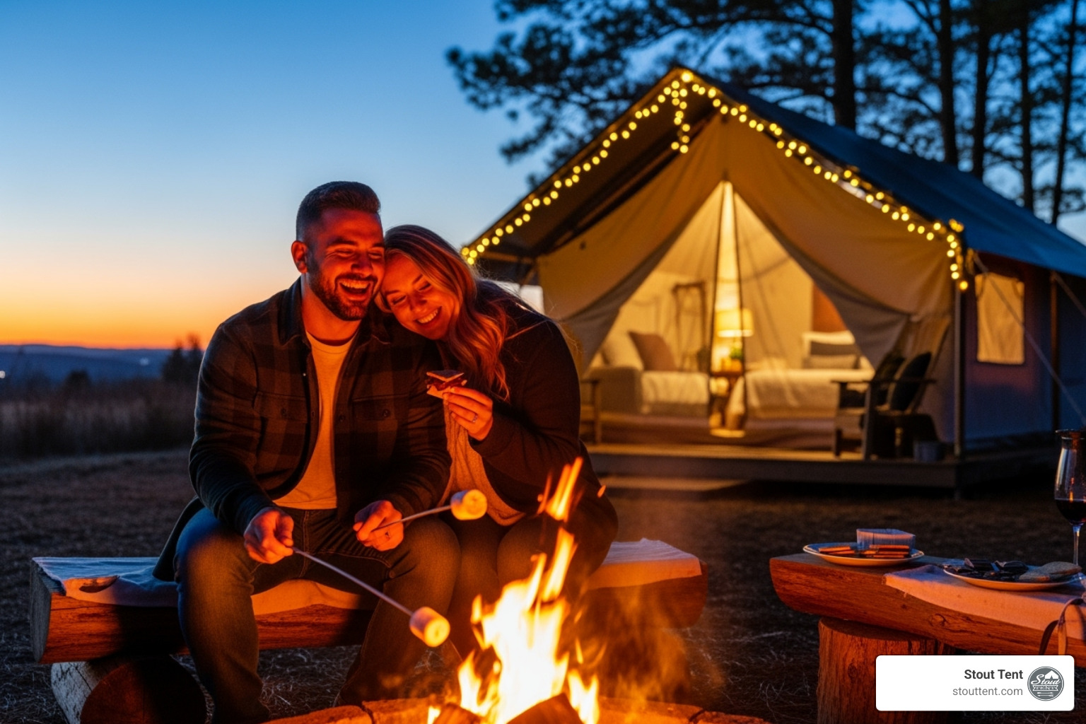 A happy couple enjoying s'mores by a warm campfire outside their luxurious glamping tent at dusk - High end glamping