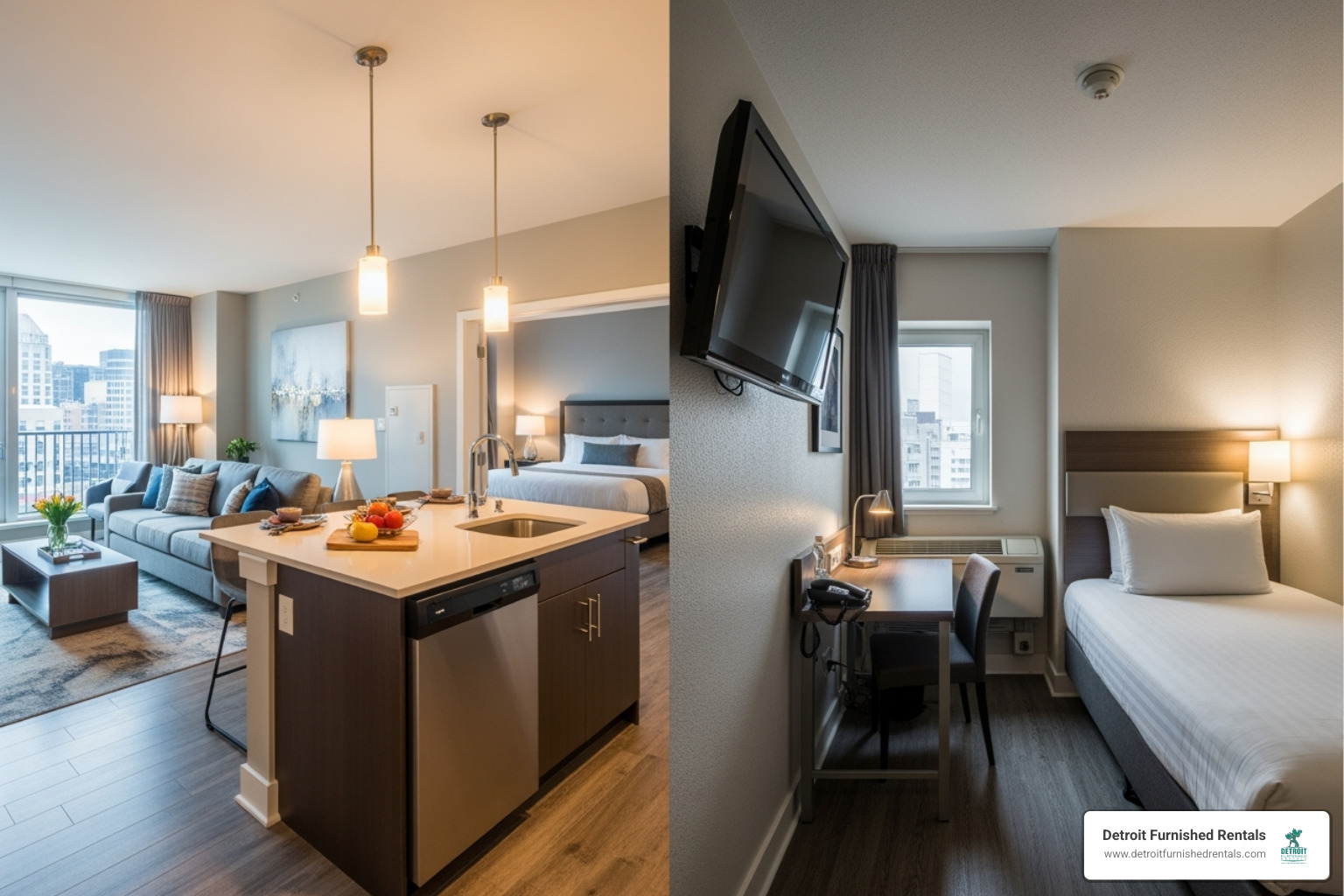 Spacious apartment layout compared to a single hotel room - Extended stay apartments