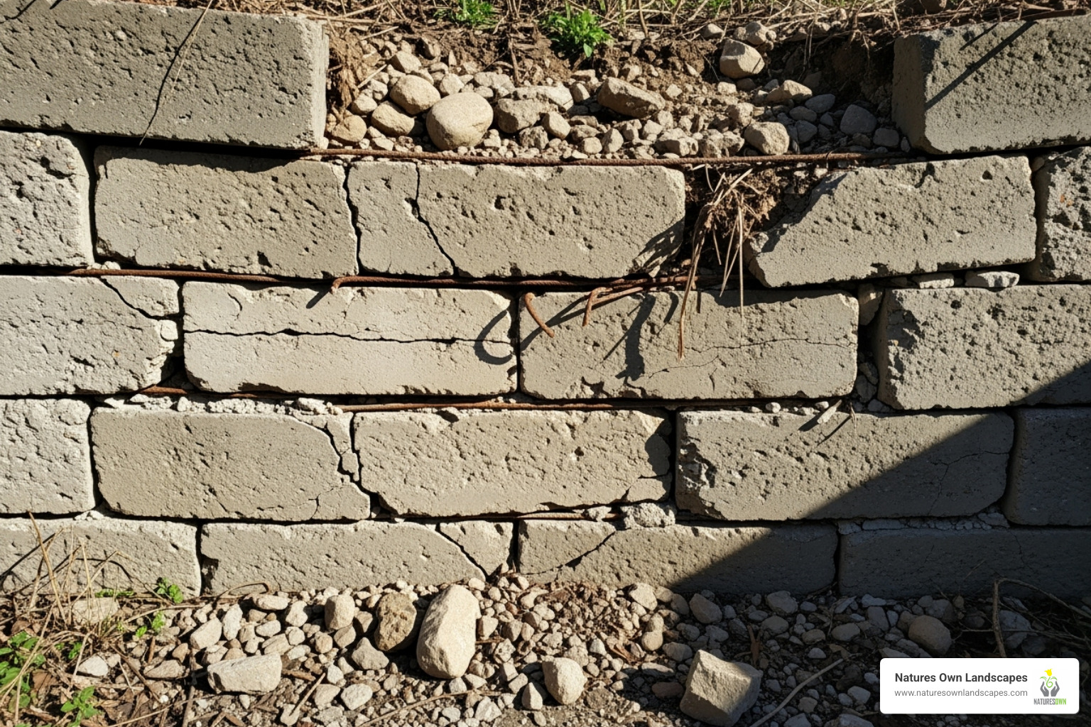 A failing, poorly built retaining wall showing bowing and cracked blocks - Retaining wall design services