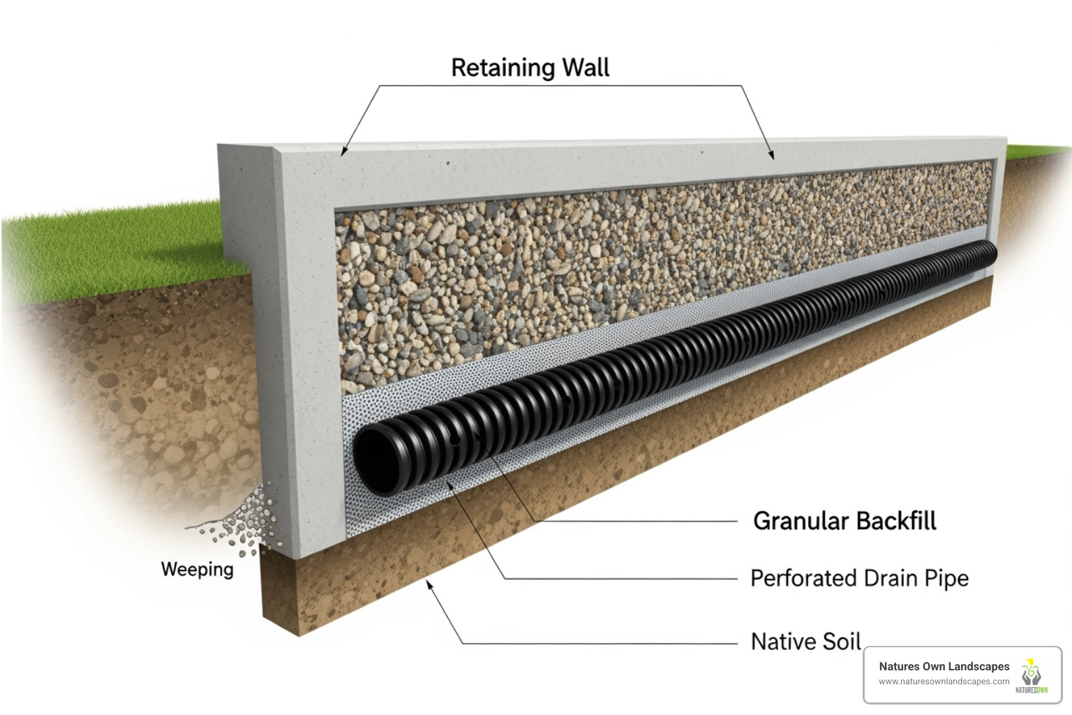 A cross-section of a retaining wall with proper drainage aggregate and pipe - Retaining wall design services
