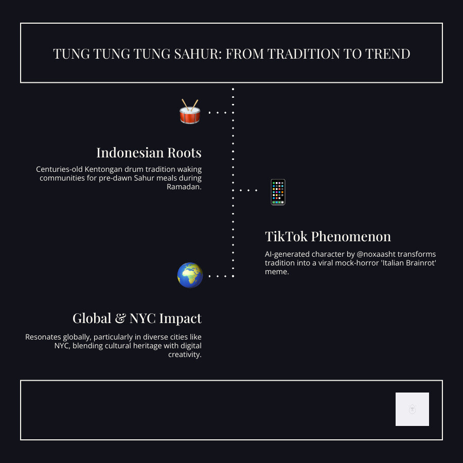 Timeline showing evolution from Indonesian Kentongan drum tradition during Ramadan to viral TikTok meme featuring AI-generated character, with emphasis on adoption by NYC's diverse Muslim communities and broader social media audiences - tung tung tung sahur infographic infographic-line-3-steps-dark
