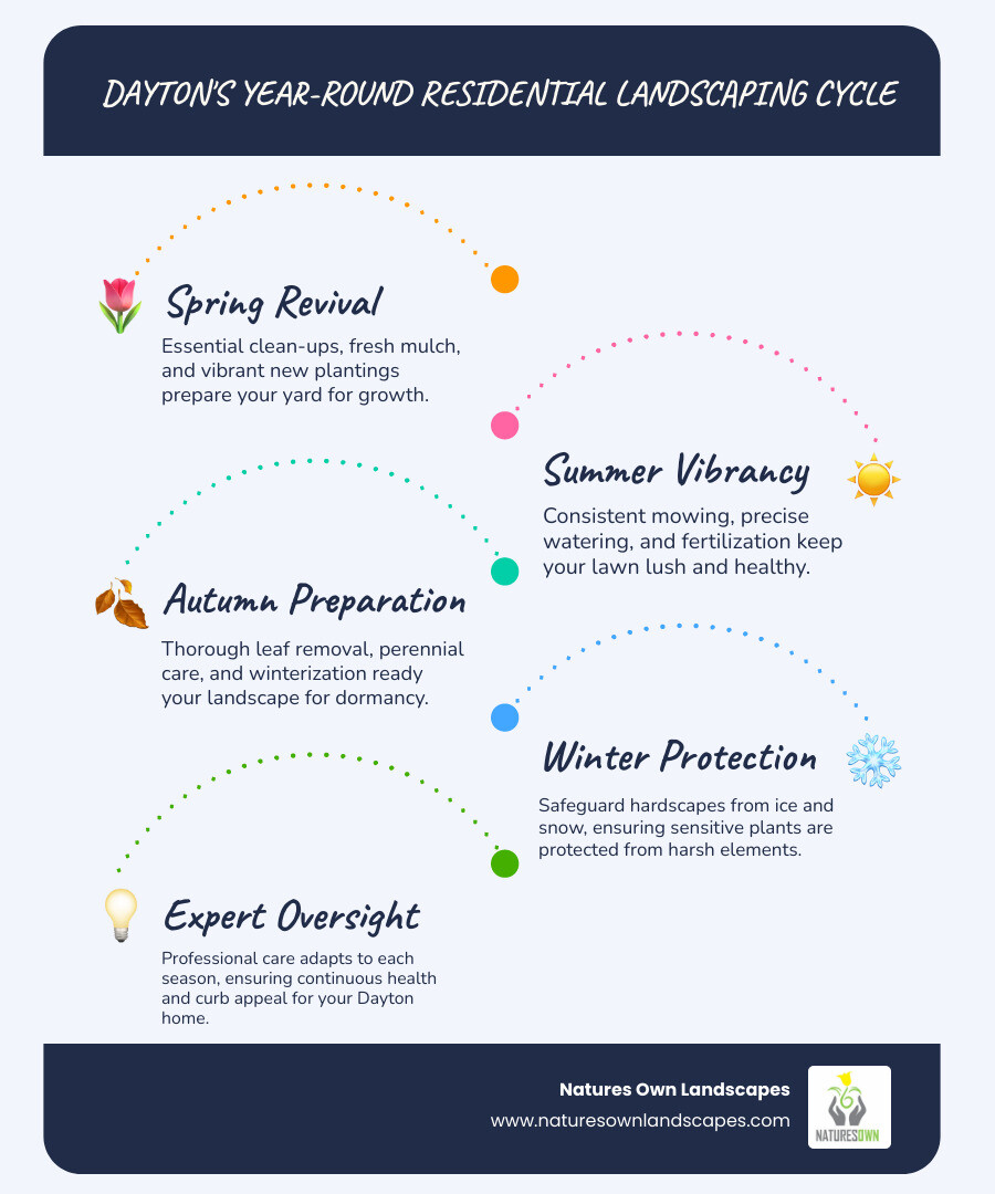 Comprehensive infographic showing year-round residential landscaping services in Dayton Ohio including spring cleanup and planting, summer maintenance and watering, fall leaf removal and winterization, and winter protection services with seasonal timing and key activities for each phase