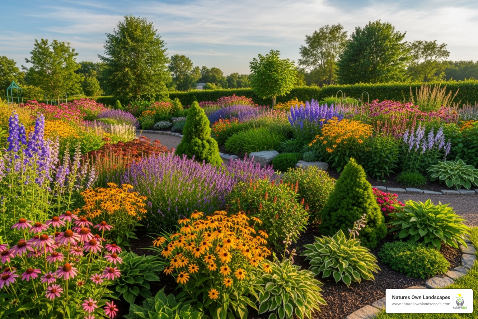 vibrant perennial garden with evergreen accents - Low maintenance landscaping