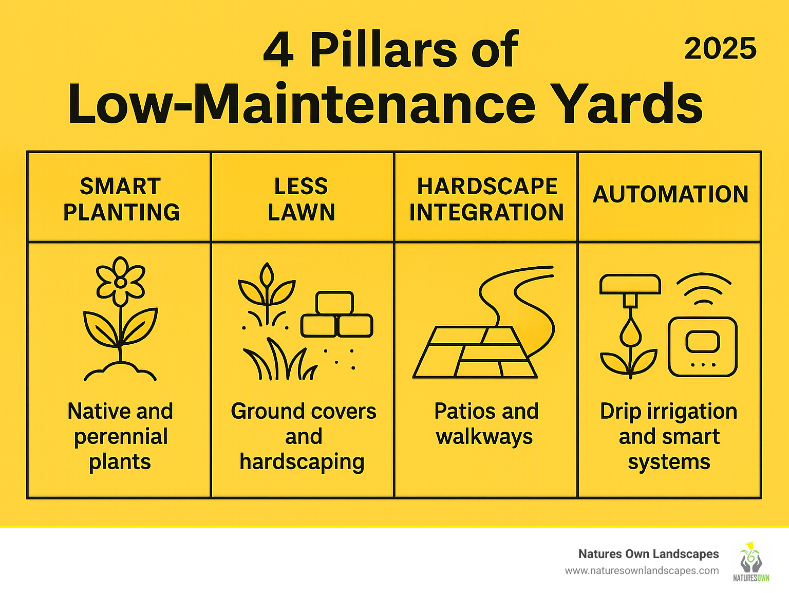 Infographic showing the 4 pillars of low-maintenance yards: Smart Planting with native and perennial plants, Less Lawn through ground covers and hardscaping, Hardscape Integration with patios and walkways, and Automation through drip irrigation and smart systems - Low maintenance landscaping infographic 