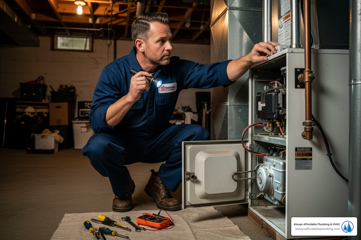 HVAC technician performing maintenance - Furnace blowing cold