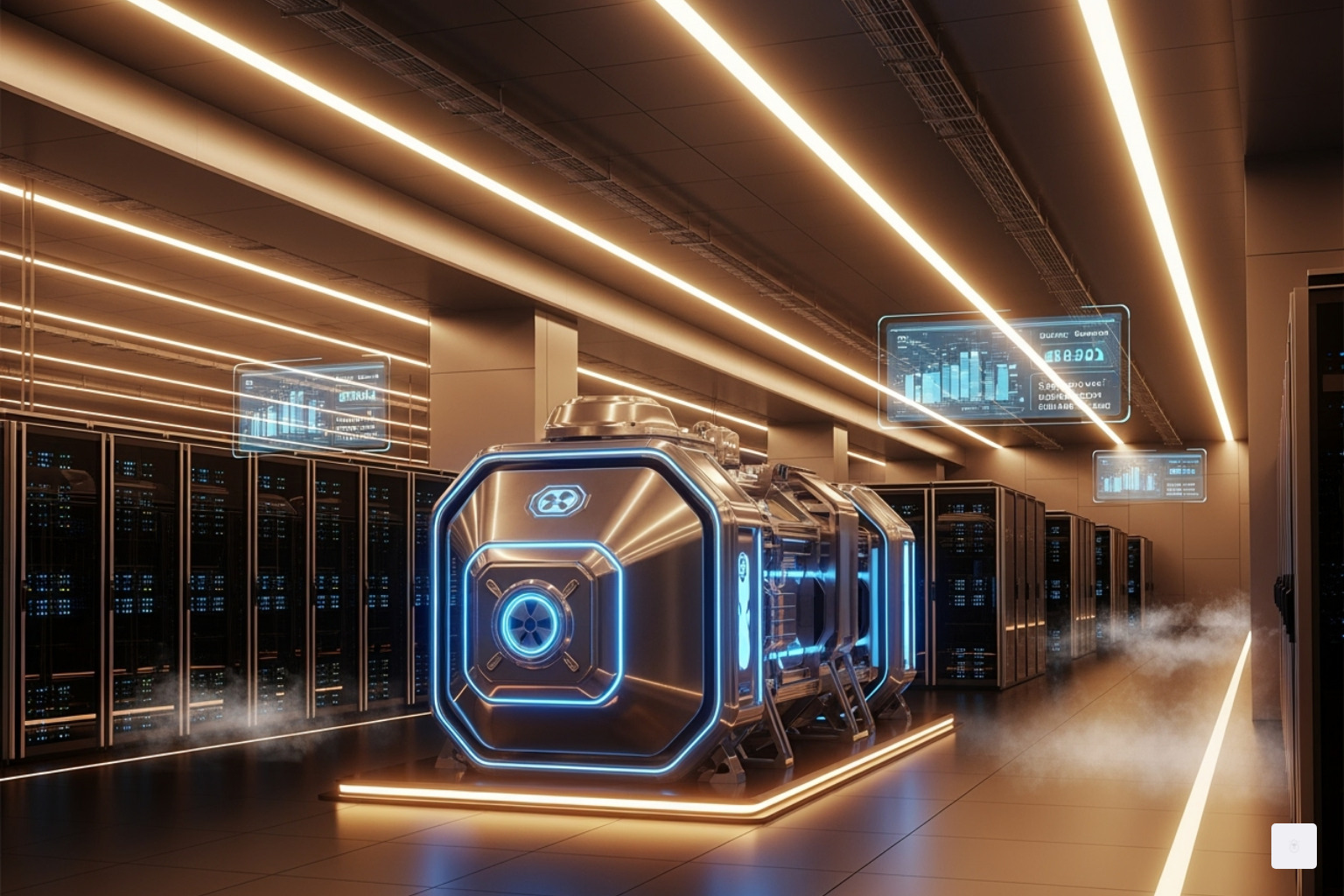 A sleek, futuristic data center with a conceptual small nuclear reactor providing power, bathed in a warm glow - oklo stock