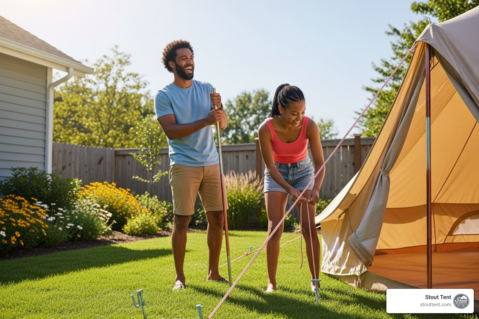 person practicing setting up a tent in their backyard - family camping tents