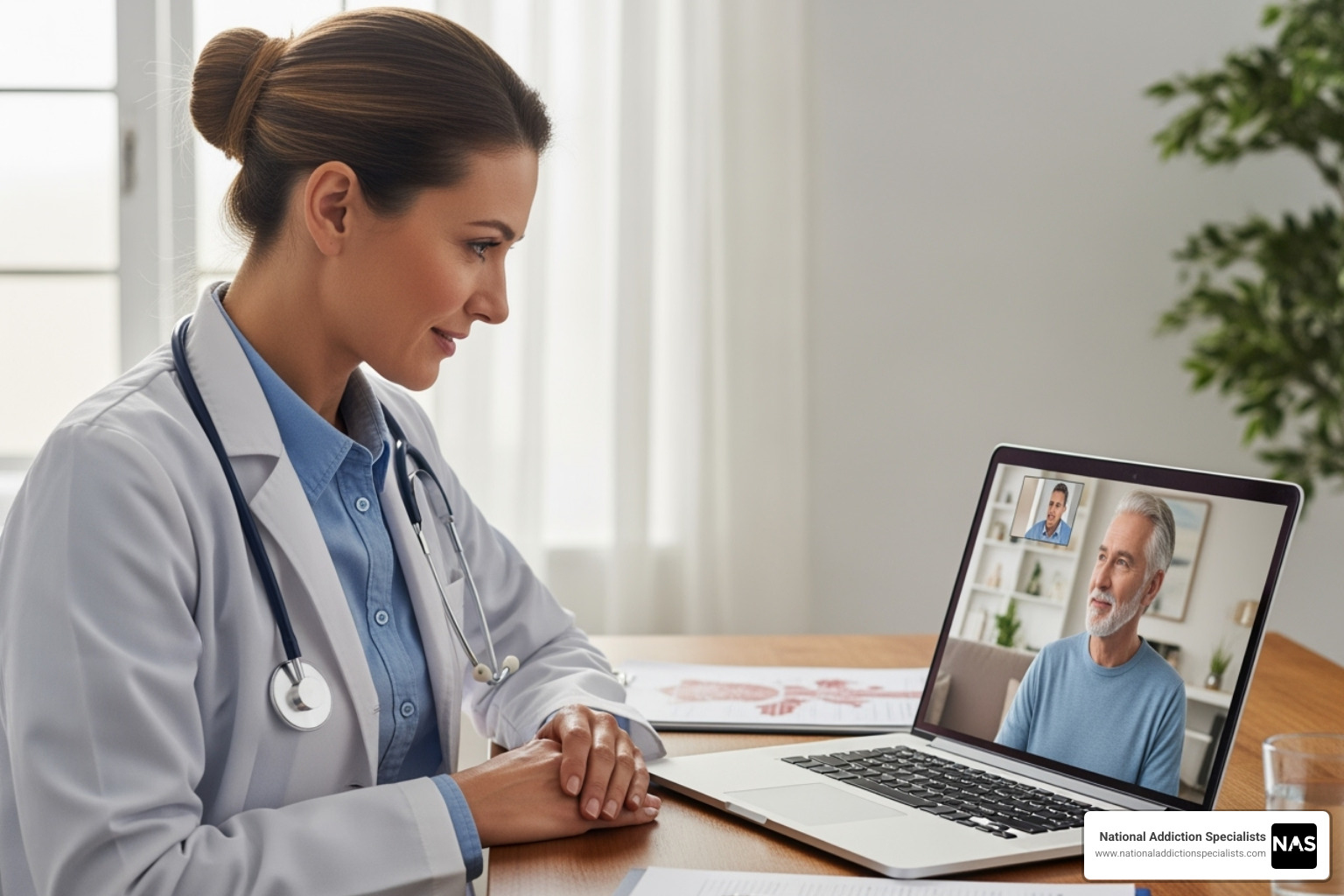 Doctor compassionately talking with a patient via a telehealth call - how buprenorphine works