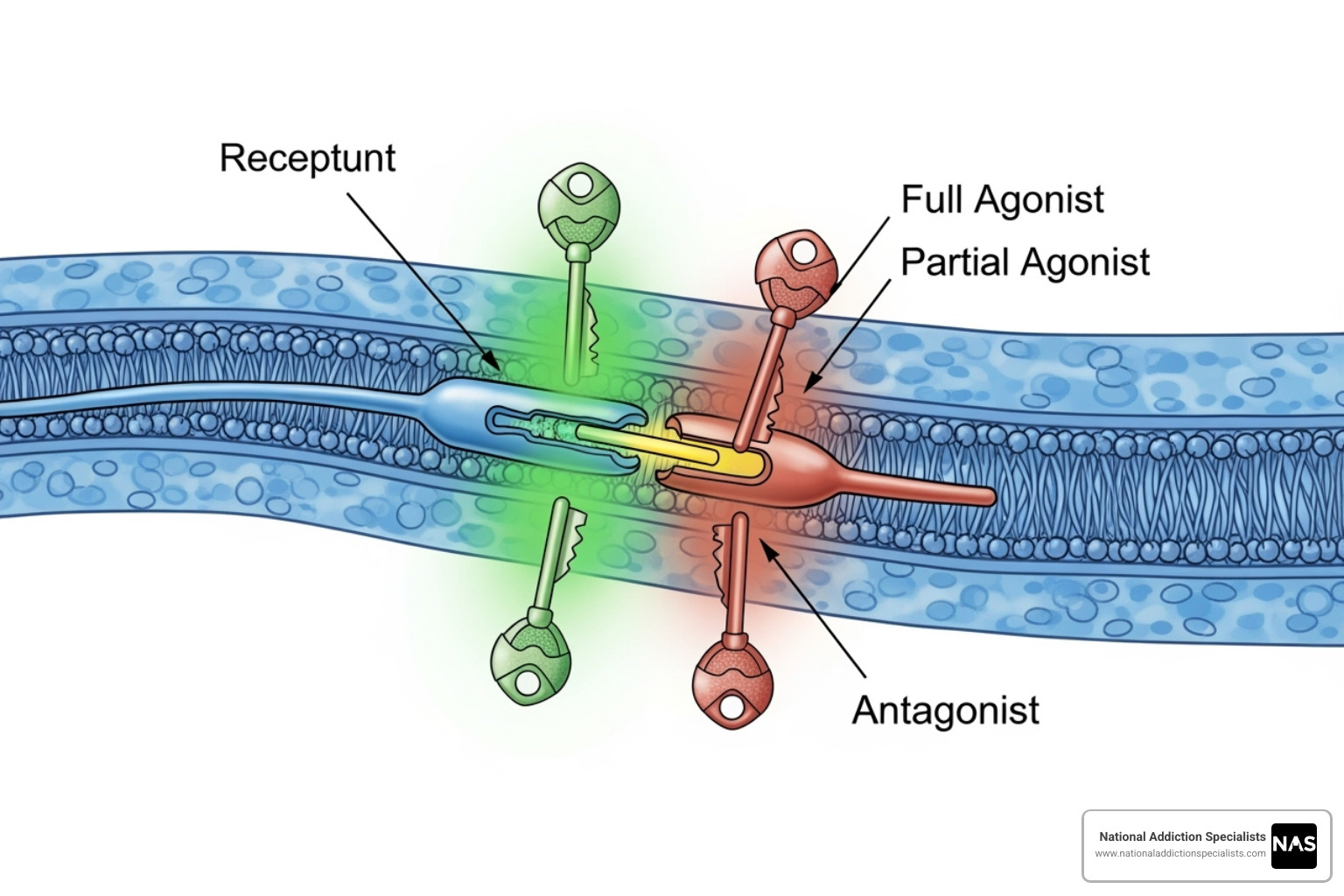 Illustration of a partial agonist fitting into a receptor halfway, compared to a full agonist fitting fully and an antagonist blocking the receptor entirely - how buprenorphine works