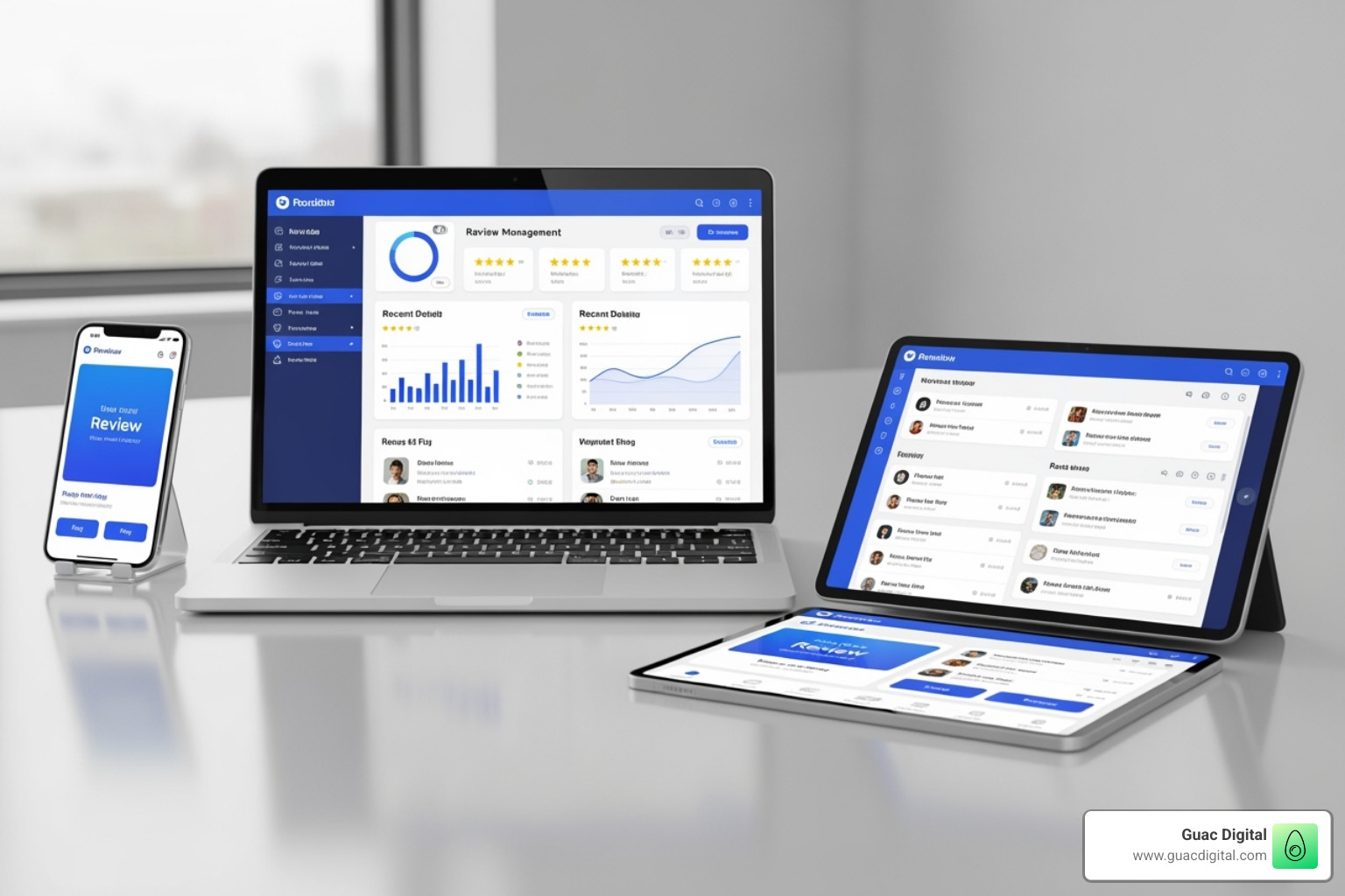 Different devices (laptop, phone, tablet) showing a review management app interface, highlighting versatility across platforms - google reviews management tool