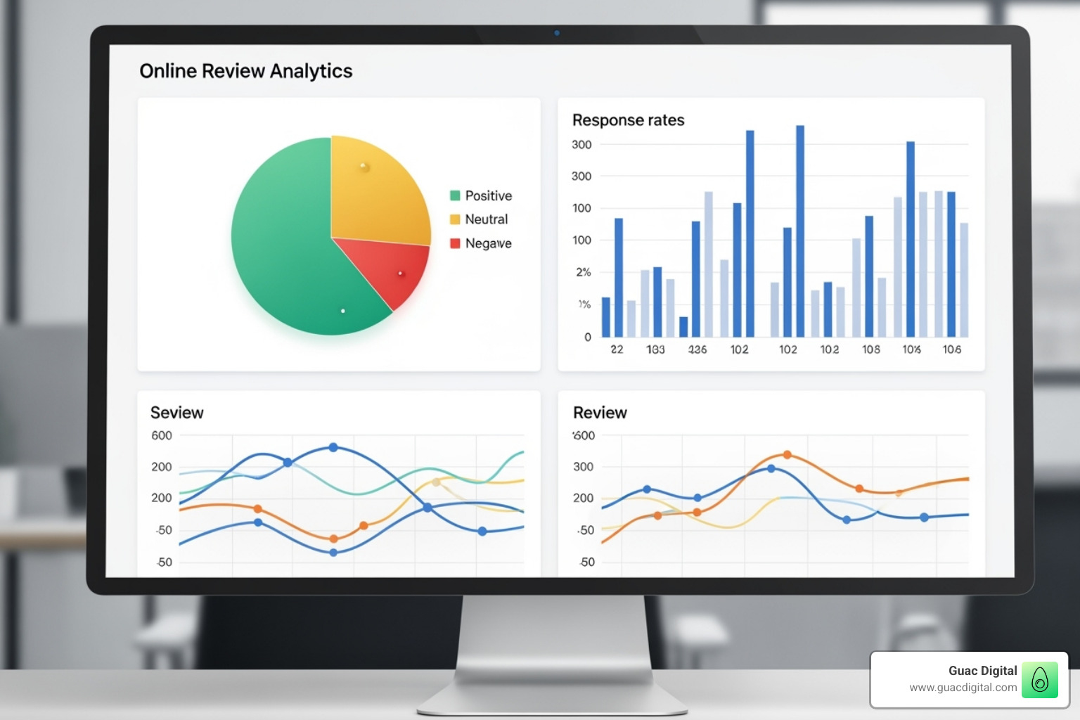 A clean, modern software dashboard showing review analytics, sentiment breakdown, and response rates - google reviews management tool