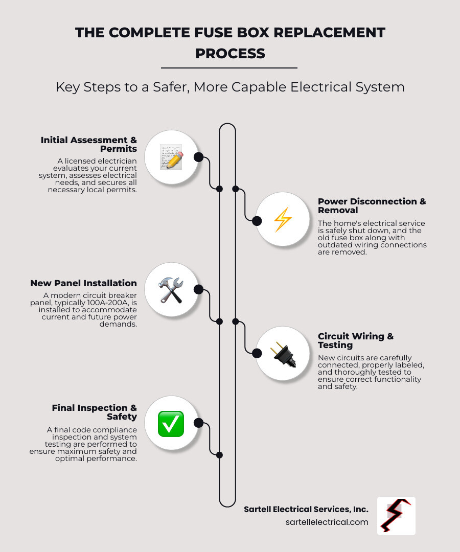 Comprehensive infographic showing the step-by-step fuse box replacement process from initial assessment through final inspection, including timeline, cost factors, safety considerations, and comparison between old fuse systems versus modern circuit breaker panels with amperage ratings and safety features - Fuse box replacement infographic infographic-line-5-steps-neat_beige Comprehensive infographic showing the step-by-step fuse box replacement process from initial assessment through final inspection, including timeline, cost factors, safety considerations, and comparison between old fuse systems versus modern circuit breaker panels with amperage ratings and safety features - Fuse box replacement infographic infographic-line-5-steps-neat_beige