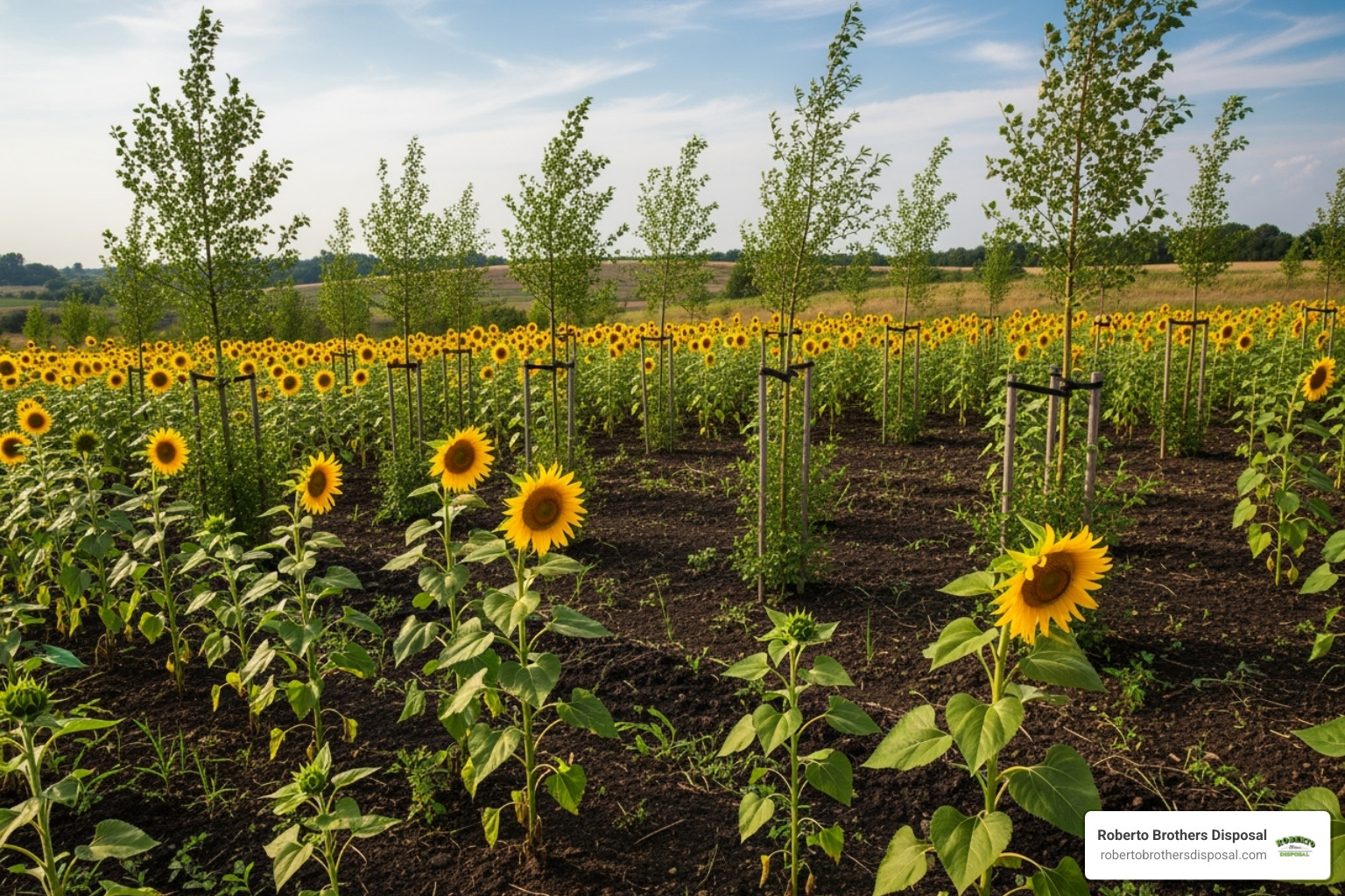 Phytoremediation site with various plants growing on contaminated soil - Industrial site cleanup