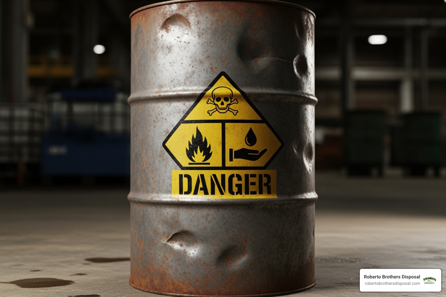 A barrel labeled with a hazardous material symbol, indicating danger - Industrial site cleanup