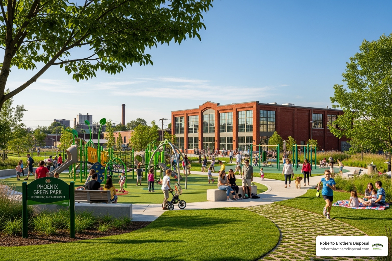 A thriving community park on a former industrial site, symbolizing successful redevelopment - Industrial site cleanup