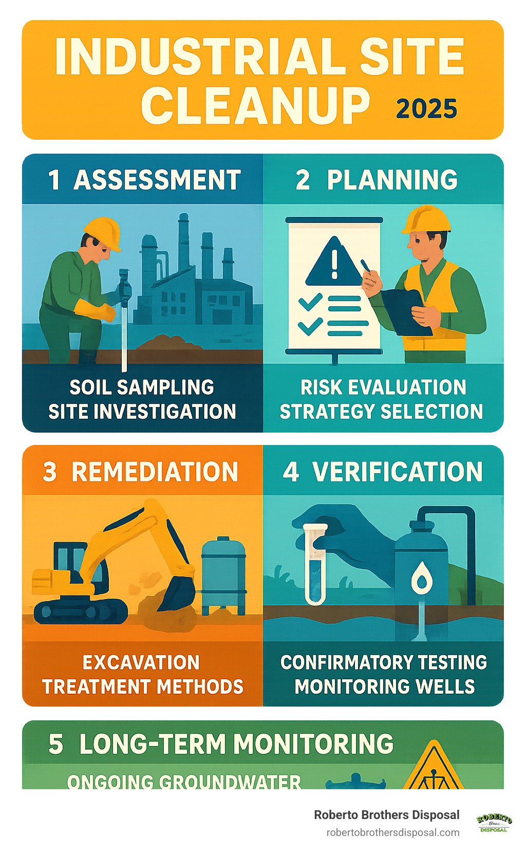 Detailed infographic showing the 5-step industrial cleanup process: Step 1 Assessment with soil sampling and site investigation, Step 2 Planning with risk evaluation and strategy selection, Step 3 Remediation showing excavation and treatment methods, Step 4 Verification with confirmatory testing and monitoring wells, and Step 5 Long-term Monitoring with ongoing groundwater testing and institutional controls - Industrial site cleanup infographic 