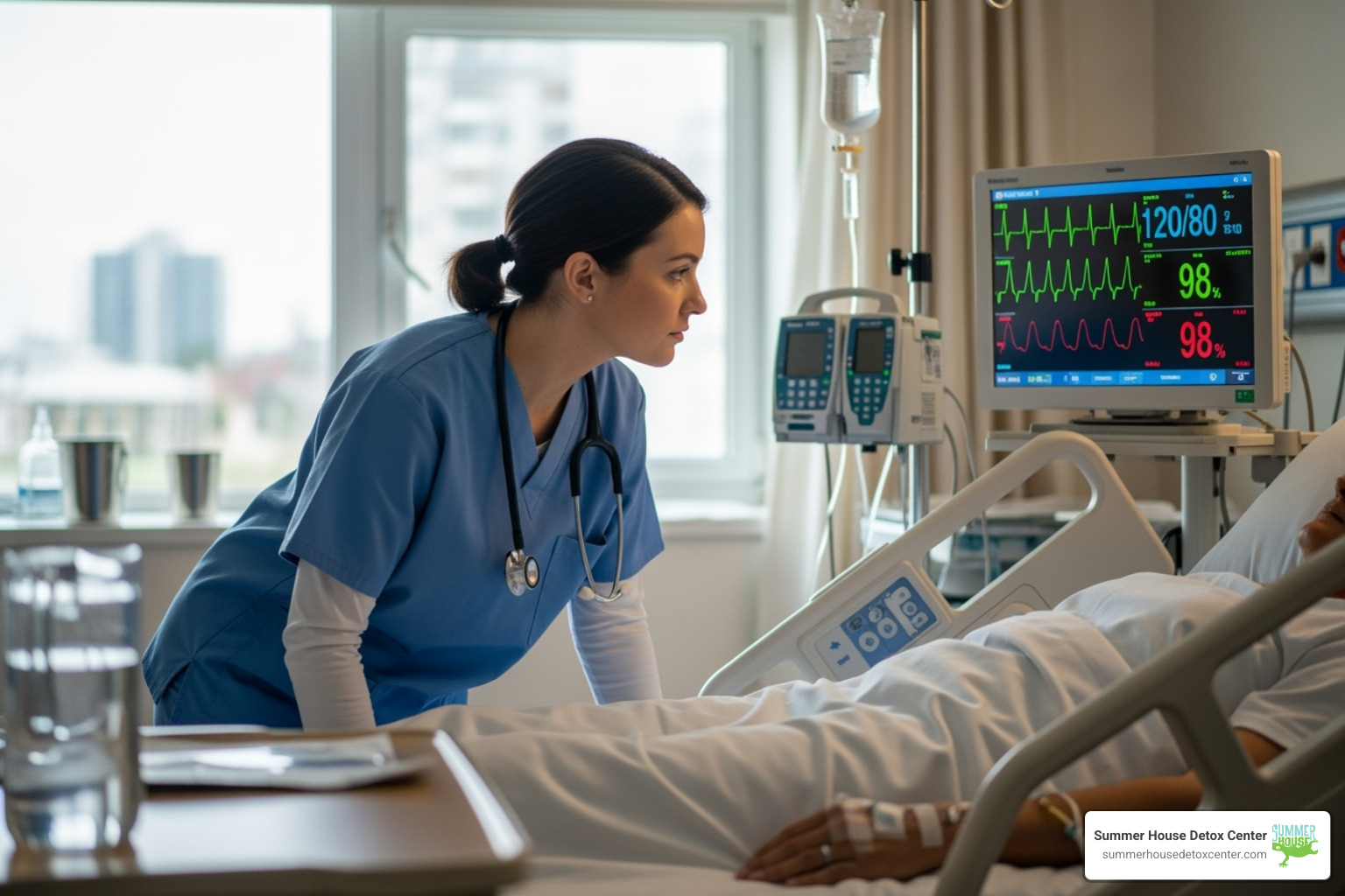 nurse monitoring patient vital signs - librium alcohol detox dosage