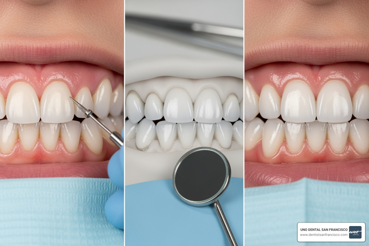 Three stages of veneer placement - porcelain veneers
