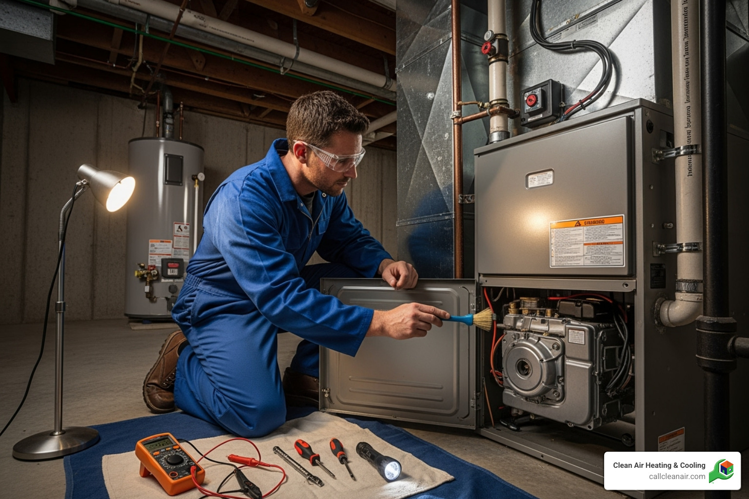 Technician servicing an indoor furnace unit - Skagit County HVAC Technician servicing an indoor furnace unit - Skagit County HVAC