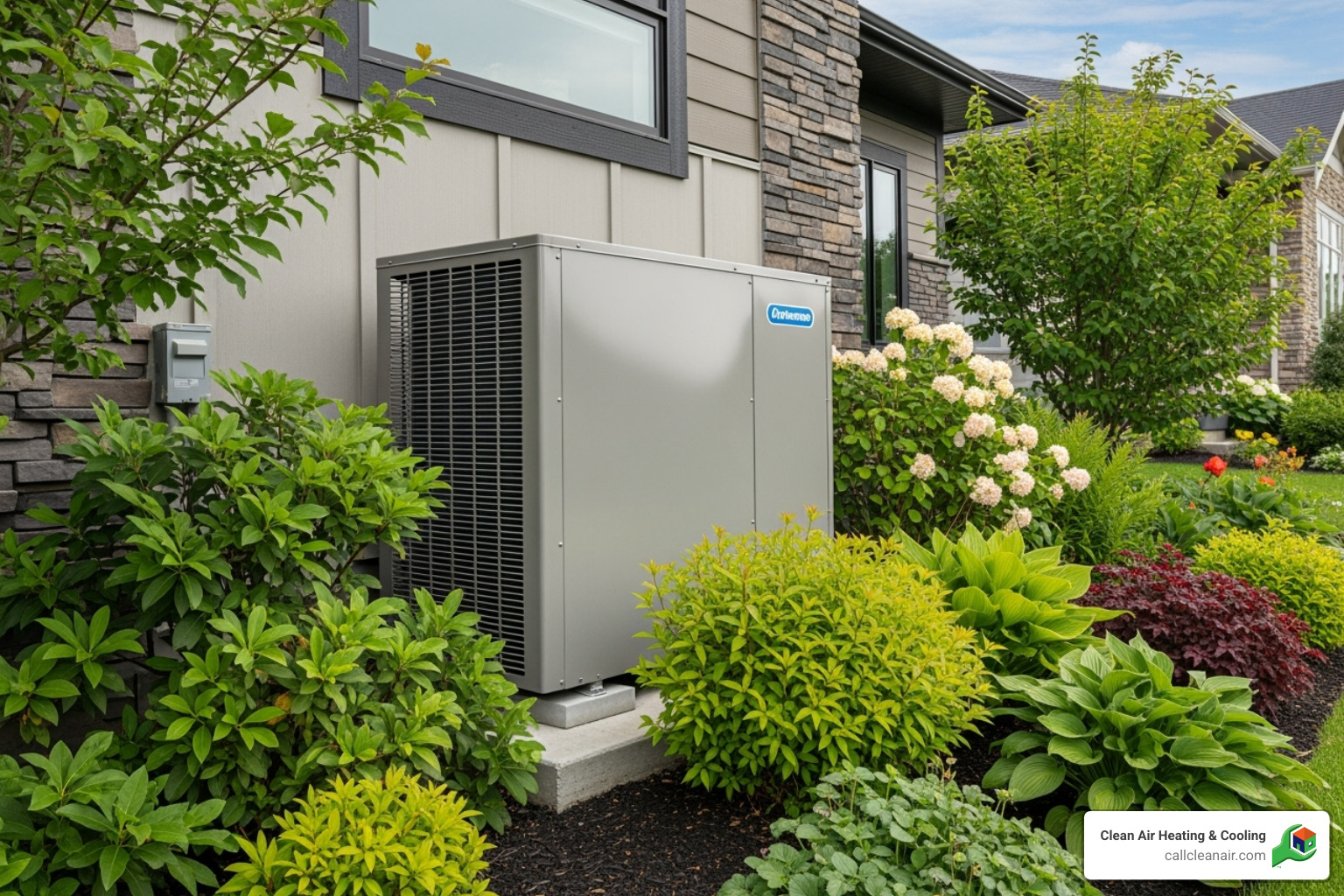 Heat pump unit outside a home with lush green surroundings - Skagit County HVAC Heat pump unit outside a home with lush green surroundings - Skagit County HVAC