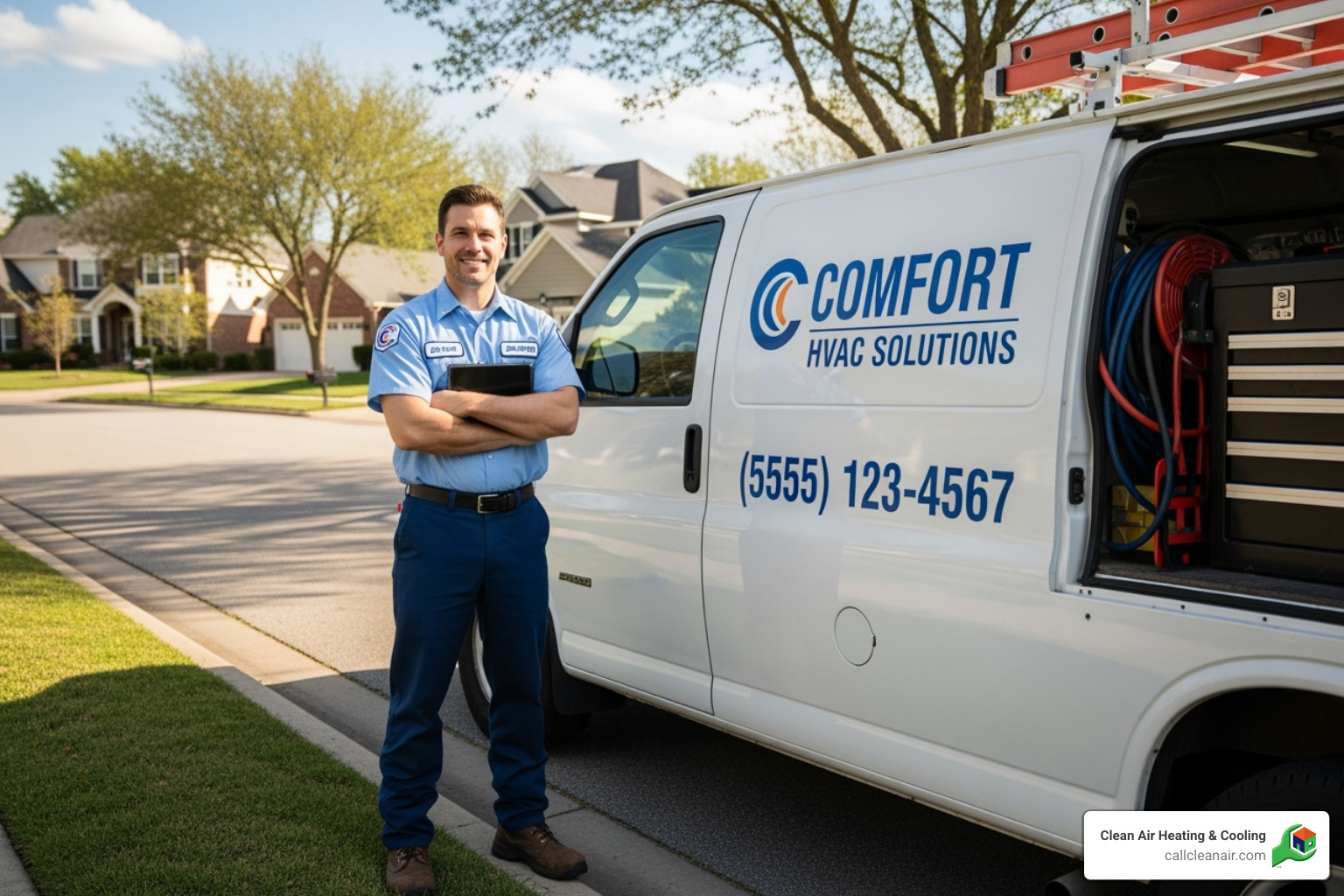 Friendly technician with a van showing a local phone number - Skagit County HVAC Friendly technician with a van showing a local phone number - Skagit County HVAC