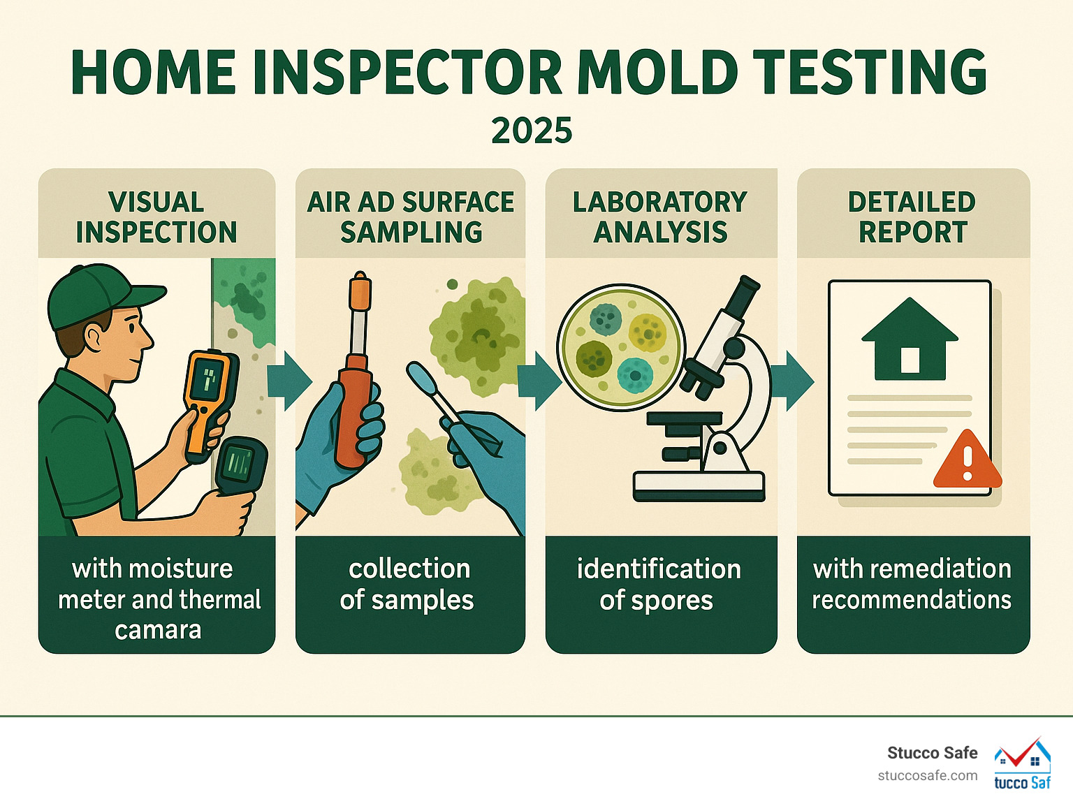 Infographic showing the home inspector mold testing process: visual inspection with moisture meters and thermal cameras, air and surface sampling collection, laboratory analysis for spore identification, and detailed reporting with remediation recommendations - home inspector mold testing infographic 