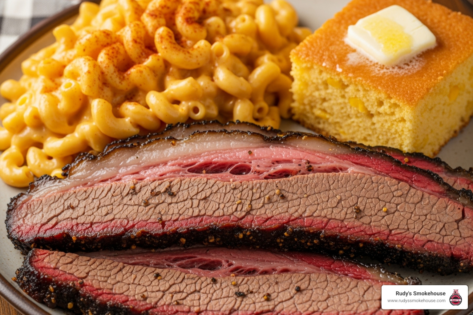 Sliced smoked brisket, mac and cheese, and cornbread from Rudy's Smokehouse - xenia catering