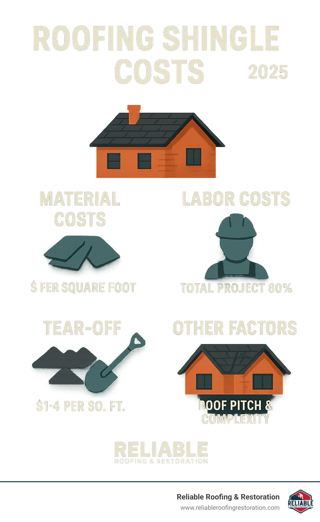 Infographic showing breakdown of roofing shingle costs including material costs, labor costs, tear-off expenses, and additional factors like roof pitch and complexity that influence total project pricing - roofing shingles prices infographic Infographic showing breakdown of roofing shingle costs including material costs, labor costs, tear-off expenses, and additional factors like roof pitch and complexity that influence total project pricing - roofing shingles prices infographic