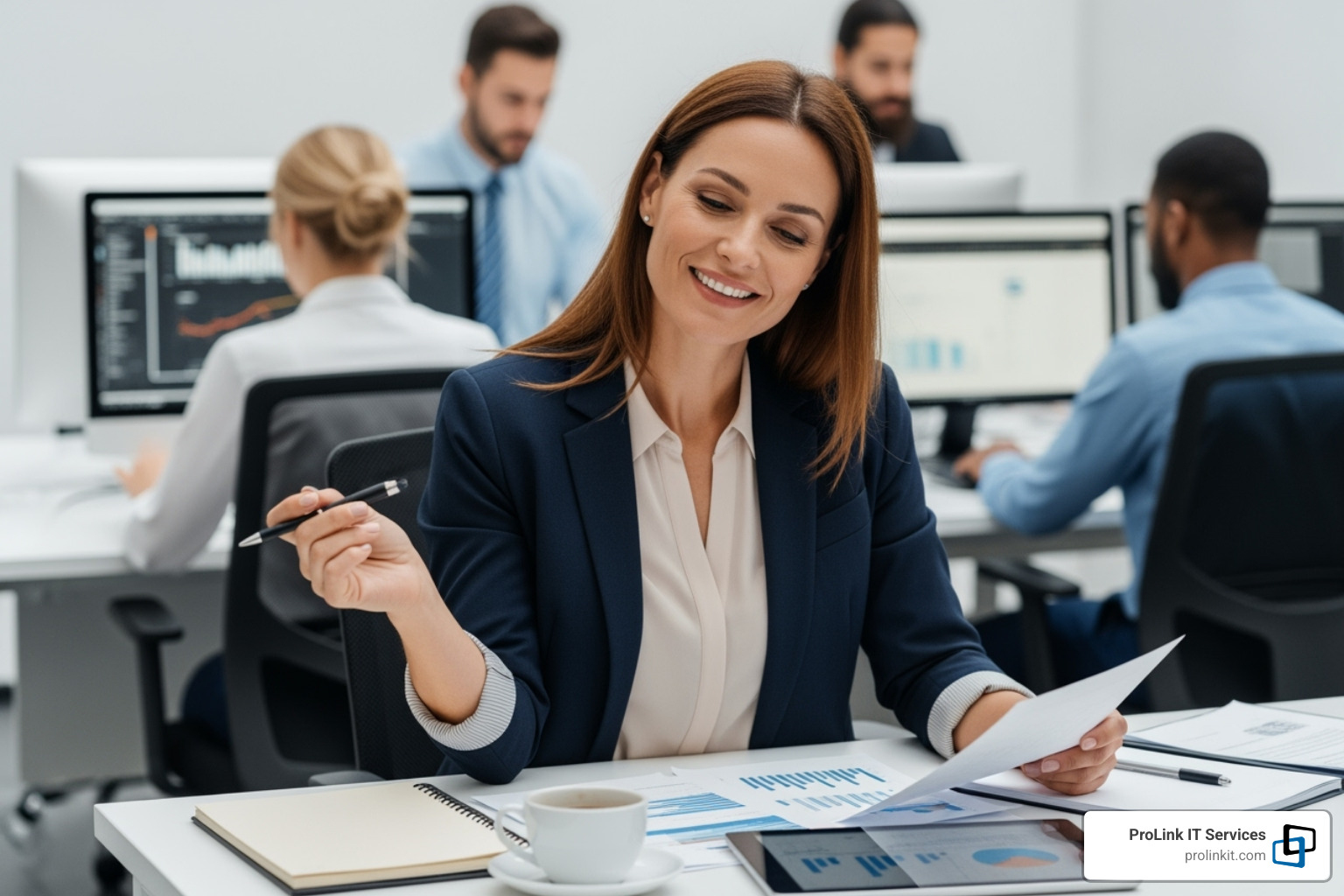A smiling business owner sits calmly at their desk, reviewing documents, while in the background, a subtle, blurred image of IT professionals working diligently on computers is visible - it outsourcing salt lake city