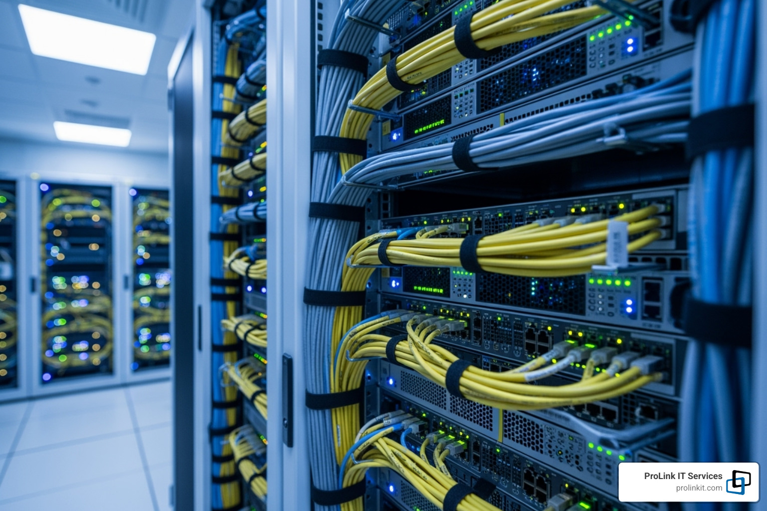 A brightly lit, secure data center server rack with blinking lights and neatly organized cables, symbolizing robust IT infrastructure - it outsourcing salt lake city