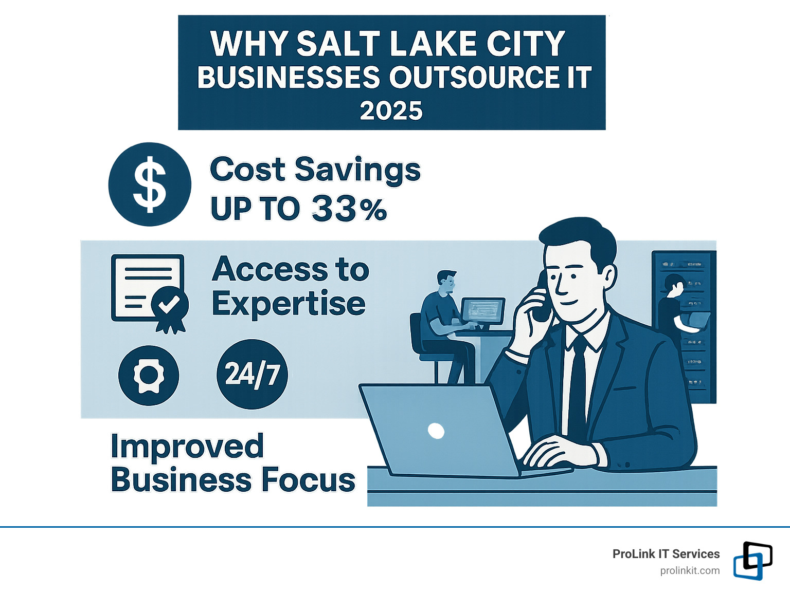 Detailed infographic showing the top 3 reasons Salt Lake City businesses outsource IT: cost savings with dollar signs and percentage savings, access to expertise with certification badges and 24/7 support icons, and improved business focus with a business owner at their desk while IT professionals work in the background - it outsourcing salt lake city infographic 
