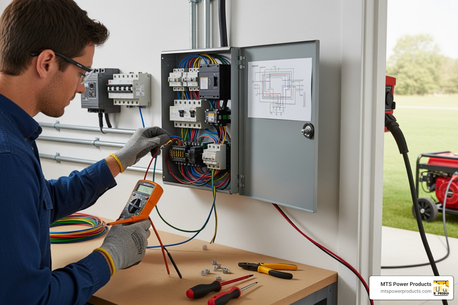 electrician connecting ATS - diesel home generator