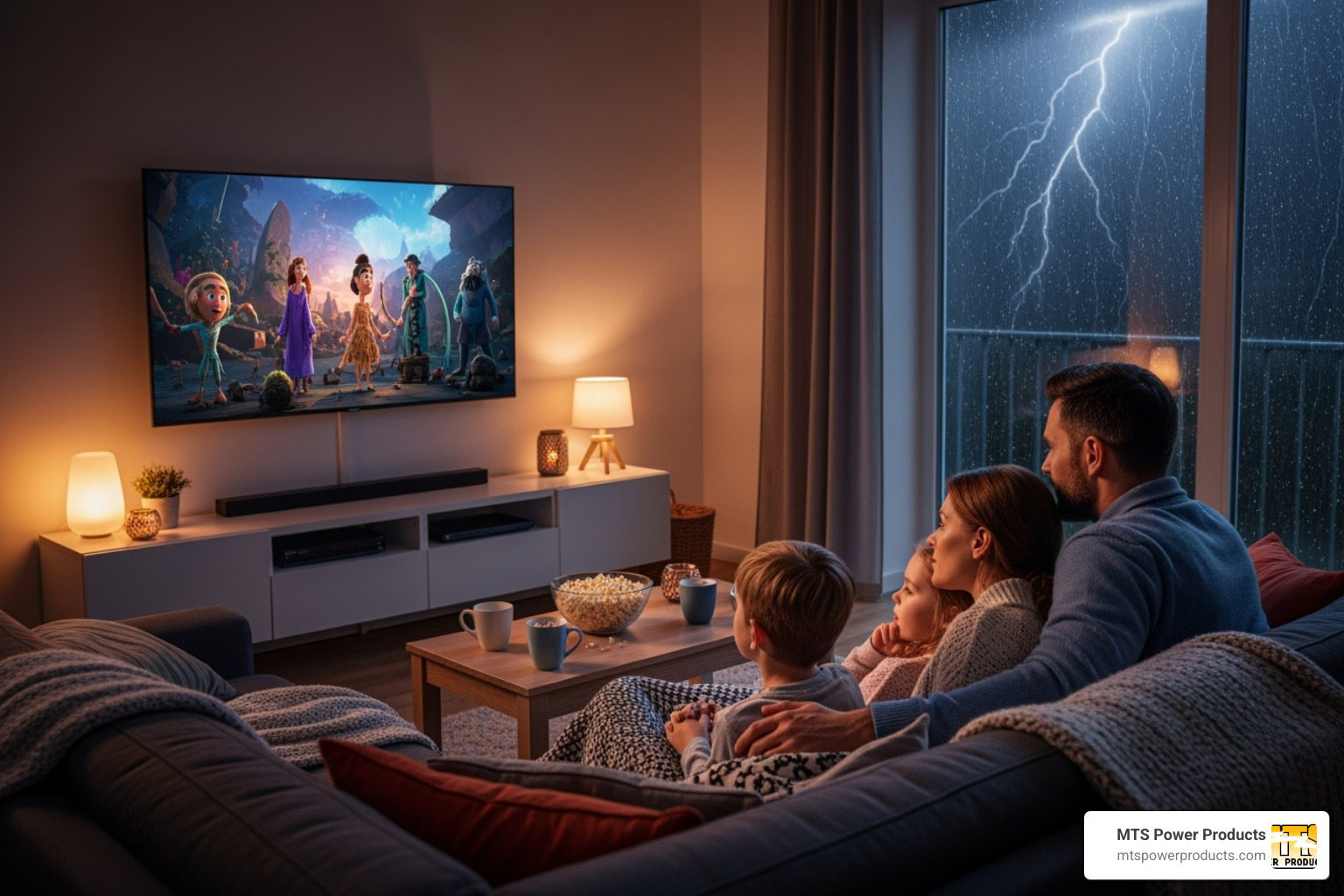 family enjoying movie night during storm - diesel home generator