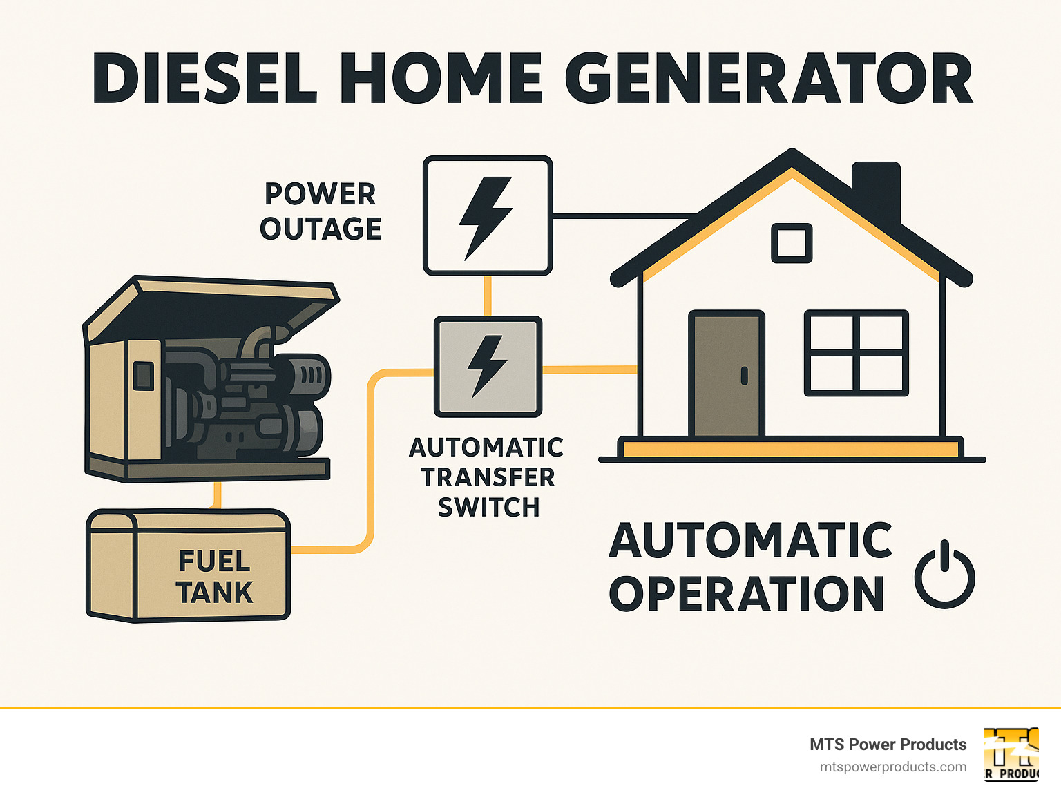 Infographic showing how a diesel home generator connects to a house through an Automatic Transfer Switch, with fuel tank, electrical connections, and automatic operation during power outages - diesel home generator infographic 