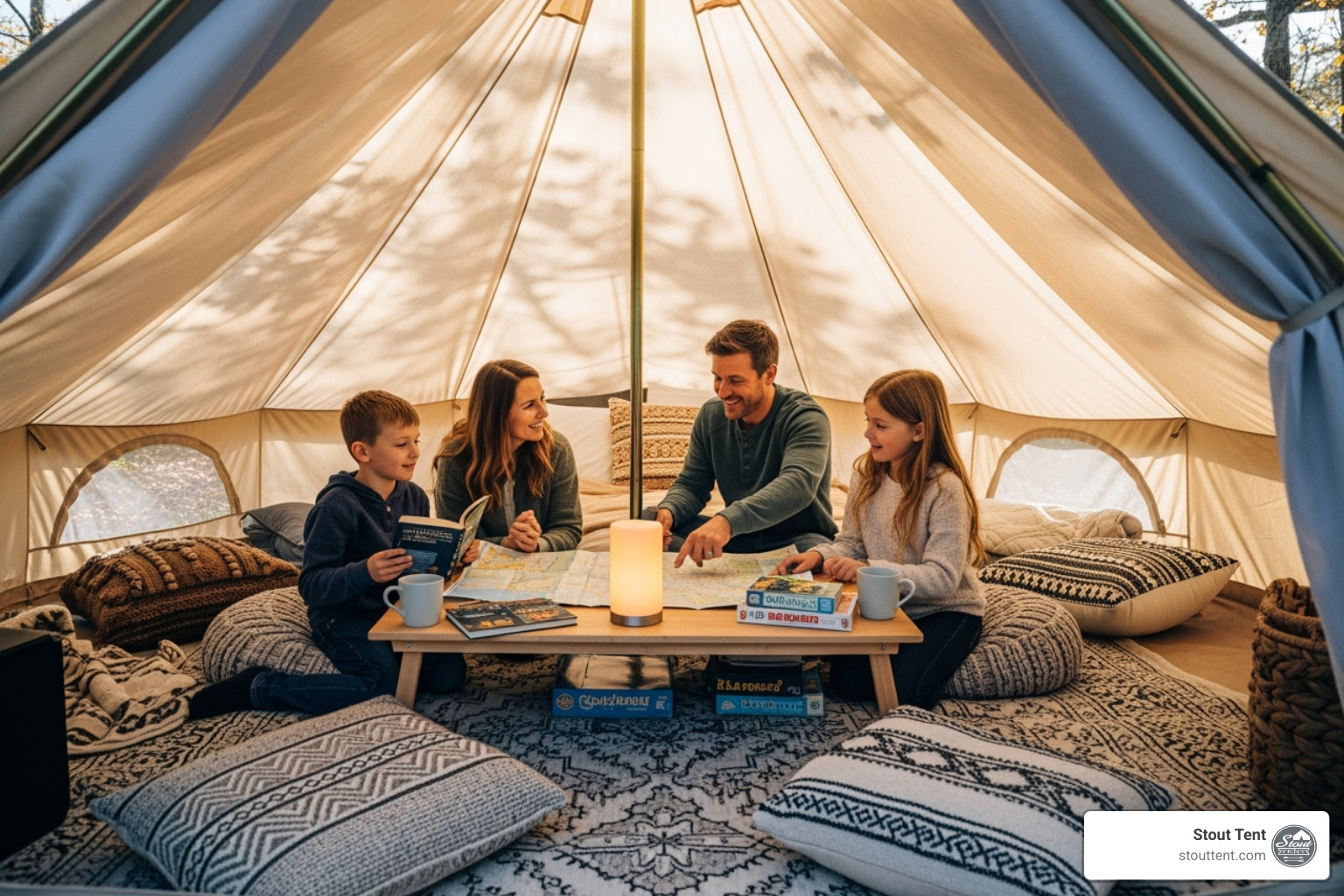 family enjoying spacious interior of Stout Tent bell tent - Bell tent purchase