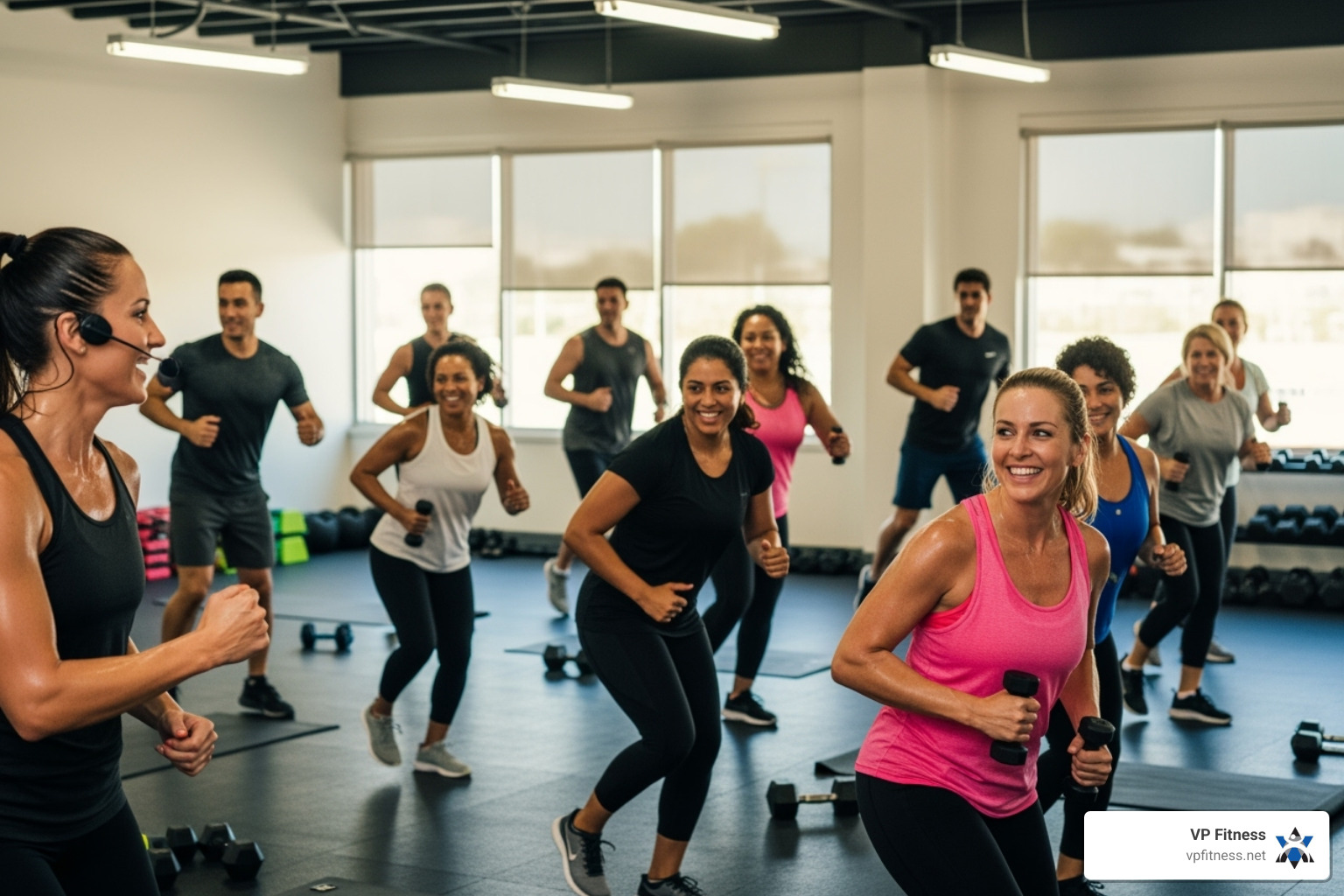 a smiling, diverse group of people in a group fitness class - expert fitness coaching a smiling, diverse group of people in a group fitness class - expert fitness coaching