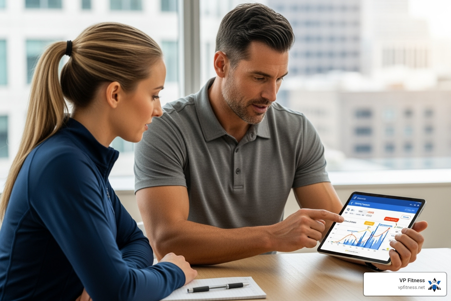 a coach reviewing a client's progress on a tablet - expert fitness coaching a coach reviewing a client's progress on a tablet - expert fitness coaching