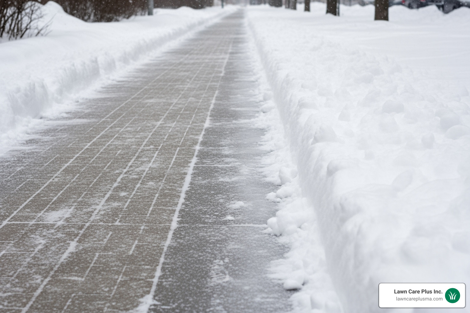 a cleared sidewalk next to an uncleared one - snow plowing boston ma
