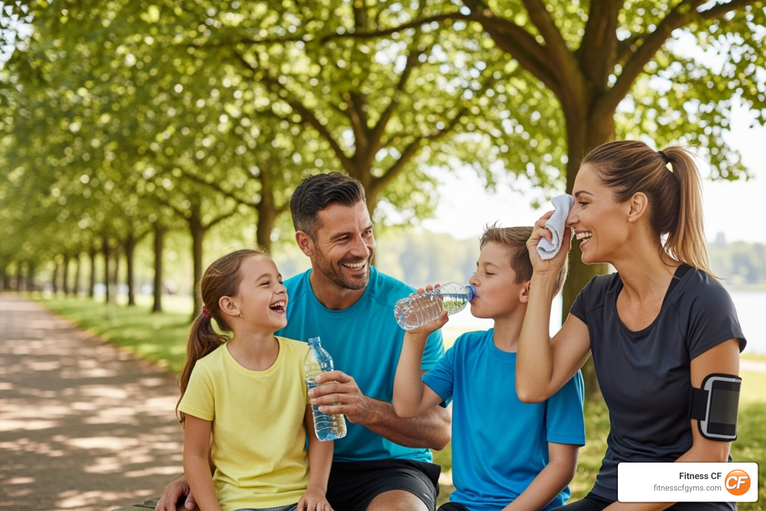 family drinking water and laughing - family hiit workout