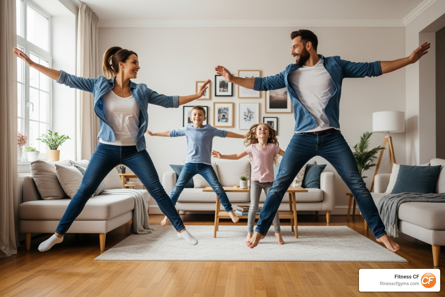 family doing jumping jacks - family hiit workout