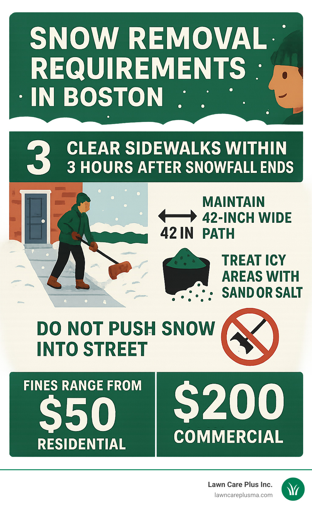 Infographic showing Boston's snow removal requirements: Property owners must clear sidewalks within 3 hours after snowfall stops, maintain 42-inch wide paths, treat icy surfaces with sand or salt, avoid pushing snow into streets, with fines ranging from $50 for small residential properties to $200 for commercial properties - snow plowing boston ma infographic 