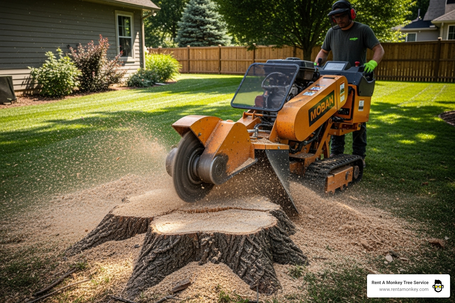 Image of a tree stump being ground down by a professional machine - tree service south jordan ut
