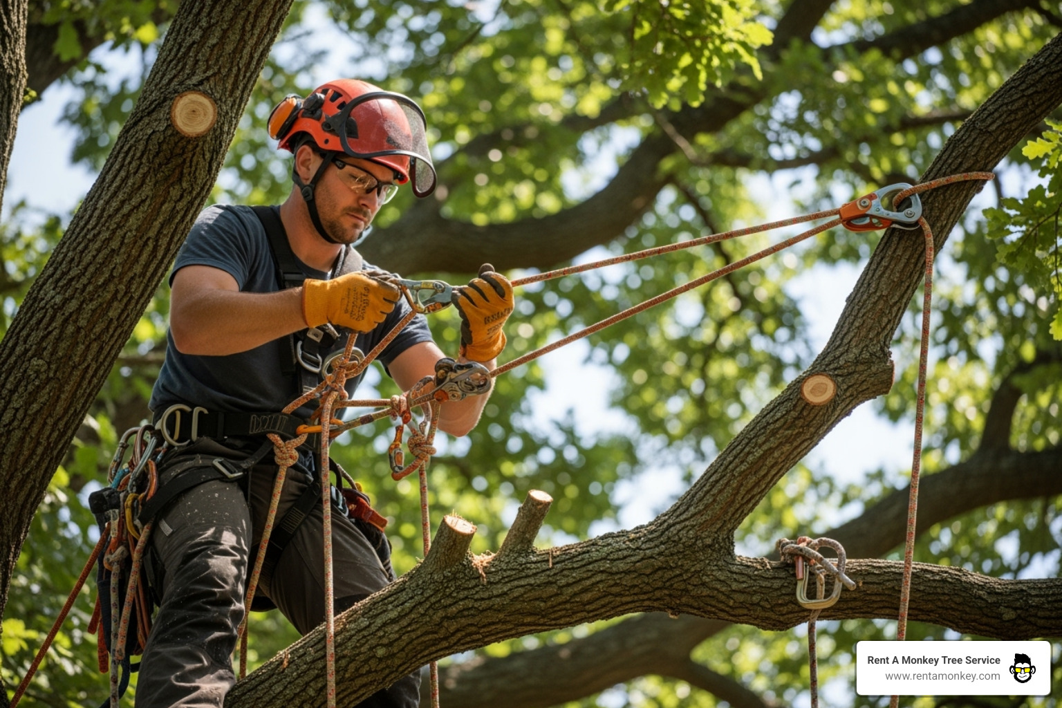 certified arborist safely rigging a large branch for removal - tree removal west jordan ut