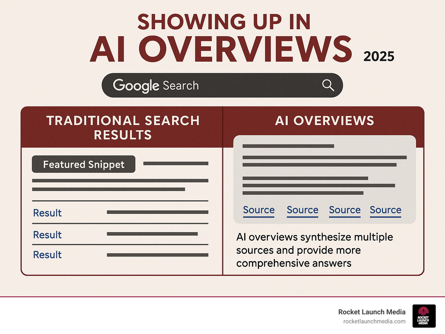 Infographic showing the difference between traditional Google search results with featured snippets versus modern search results with AI overviews, highlighting how AI overviews synthesize multiple sources and provide more comprehensive answers with clickable source links - showing up in AI overviews infographic 