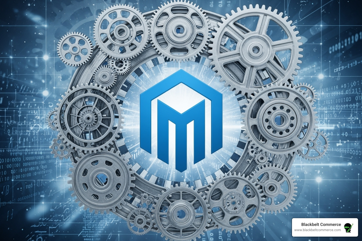 Magento logo with gears and code snippets around it, symbolizing its complexity - magento ecommerce agency