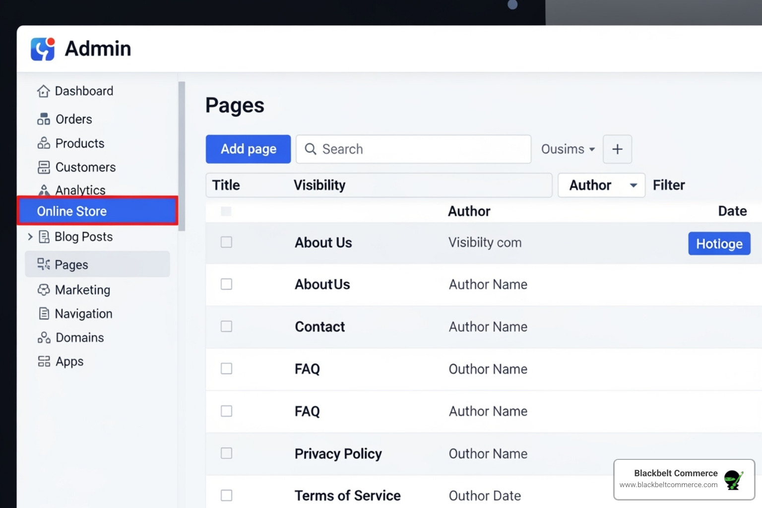 Shopify Admin Pages Section - shopify custom pages