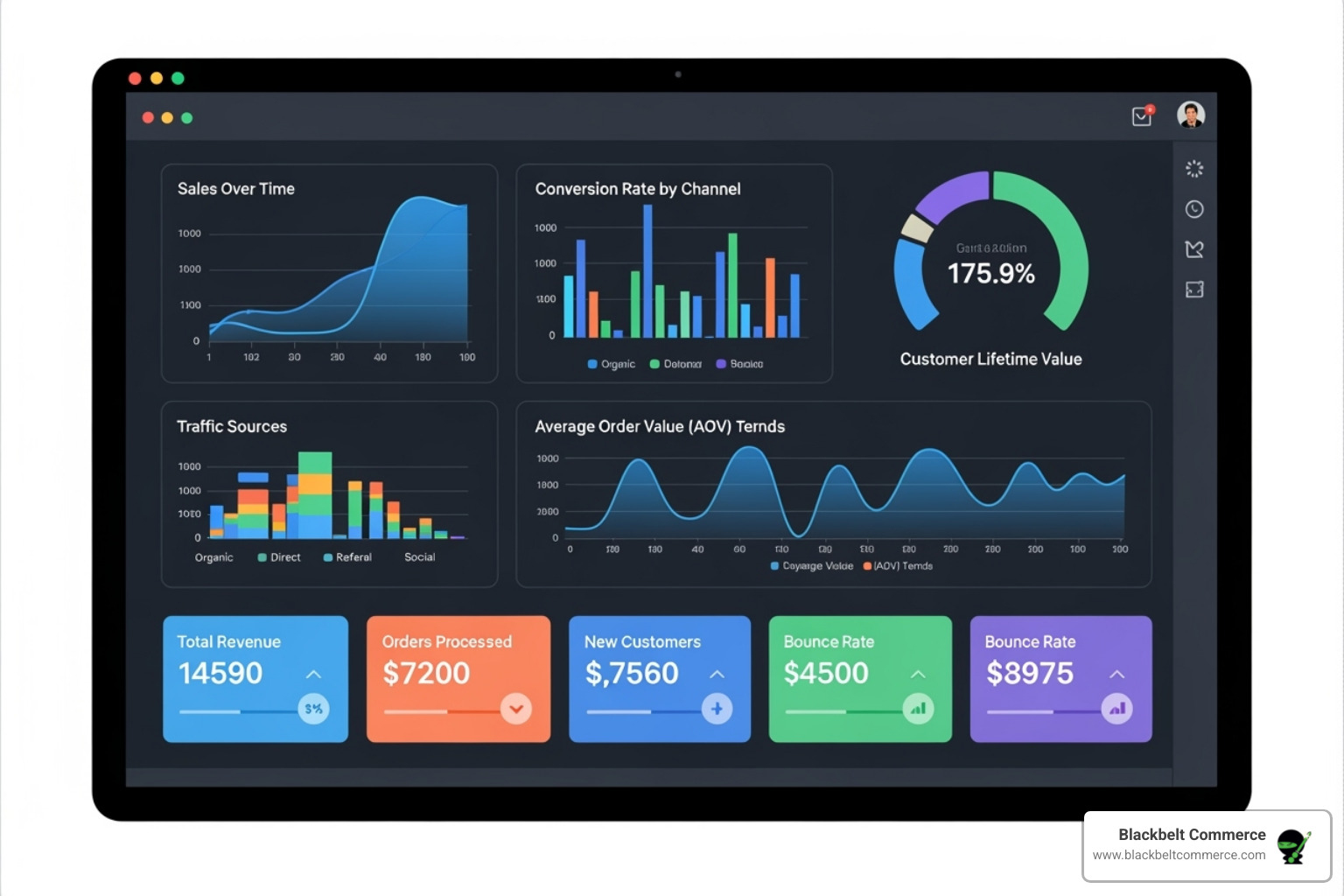 Data analytics dashboard showing key e-commerce KPIs - E-commerce strategy consulting
