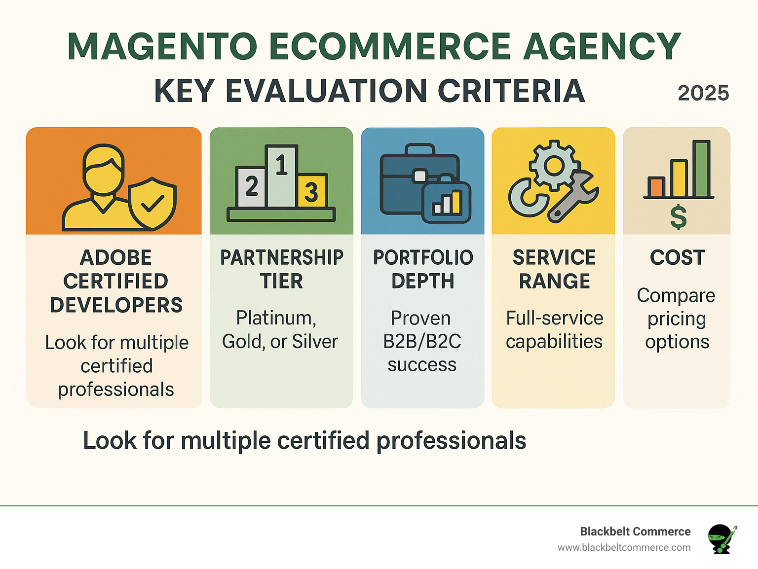 Comprehensive infographic showing the key evaluation criteria for selecting a Magento e-commerce agency, including certification levels, partnership tiers, service offerings, portfolio requirements, and cost considerations with visual icons and comparison charts - magento ecommerce agency infographic 