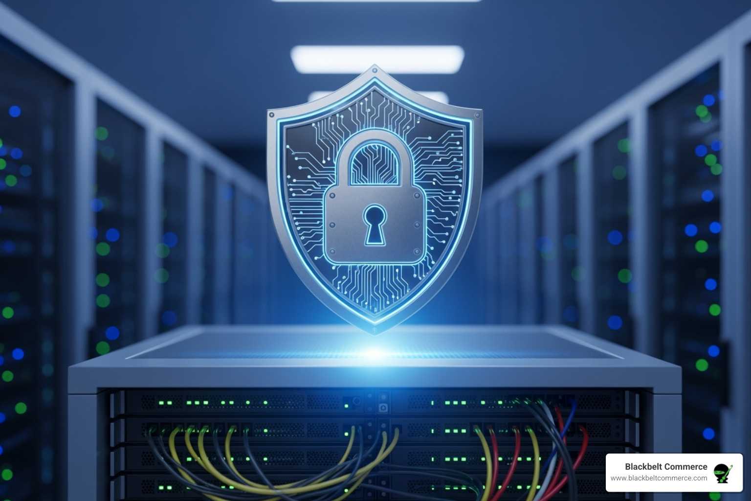 padlock shield over a server rack - ecommerce development company