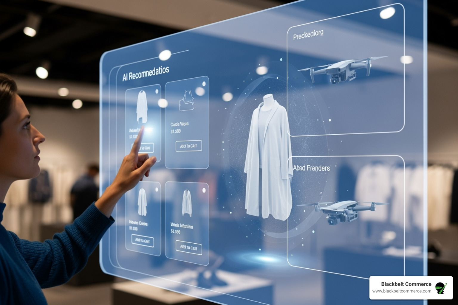 Futuristic retail interface showing AI recommendations and AR product previews - e-commerce developers